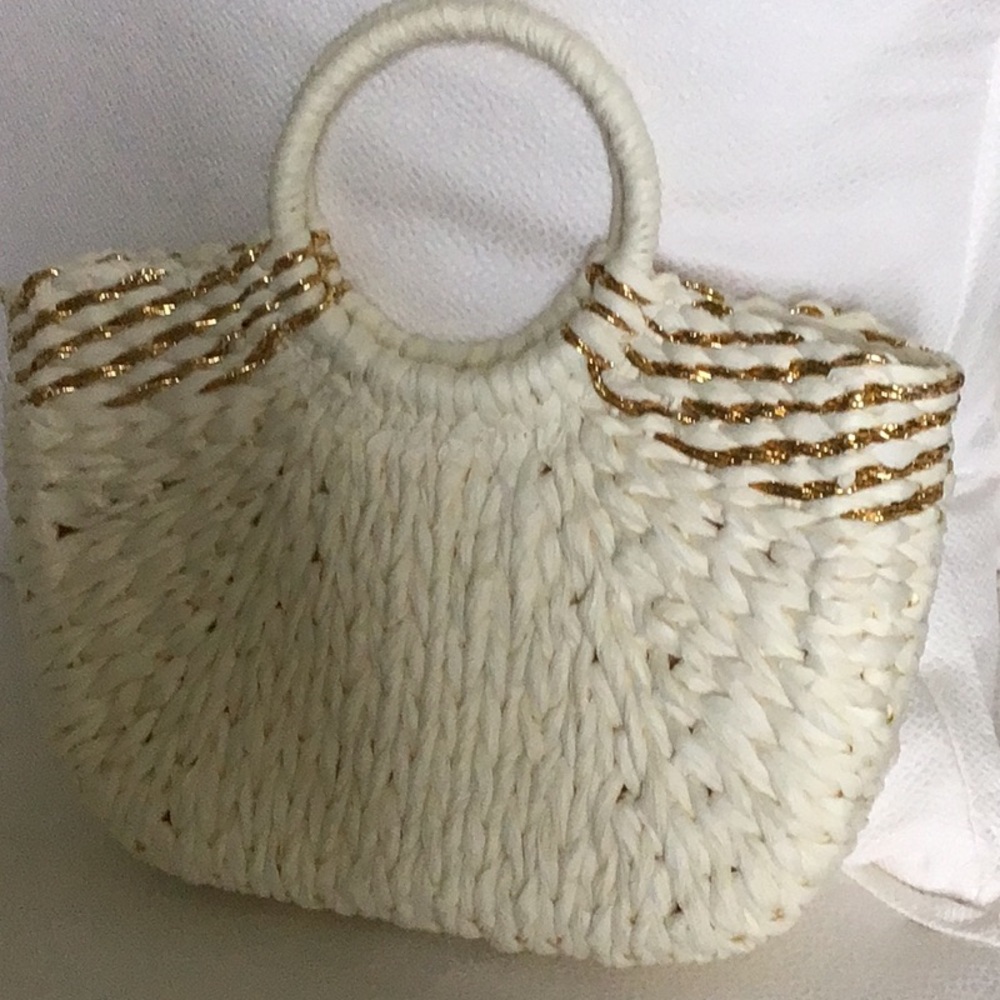 Elegant White and Gold Woven Handbag